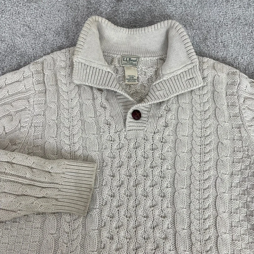 LL Bean Sweater Mens Medium Fisherman Cable Knit Cream Knot Button Mock Neck